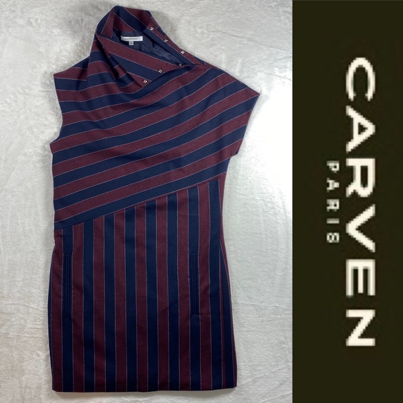 CARVEN Wool blend Turtle Neck Short Sleeve Stripe Mini Dress FR 38 Medium 6
